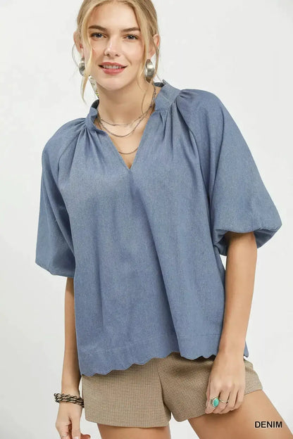 Umgee Chambray Scallop Hem Puff Sleeve Top by Trendsi
