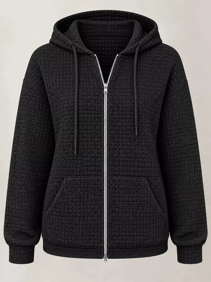 Waffle Knit Zip-Up Hoodie with Drawstring and Pockets by Trendsi