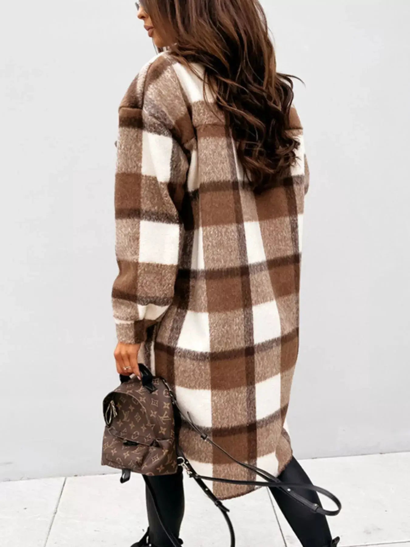 Longline Plaid Button Up Coat by Trendsi