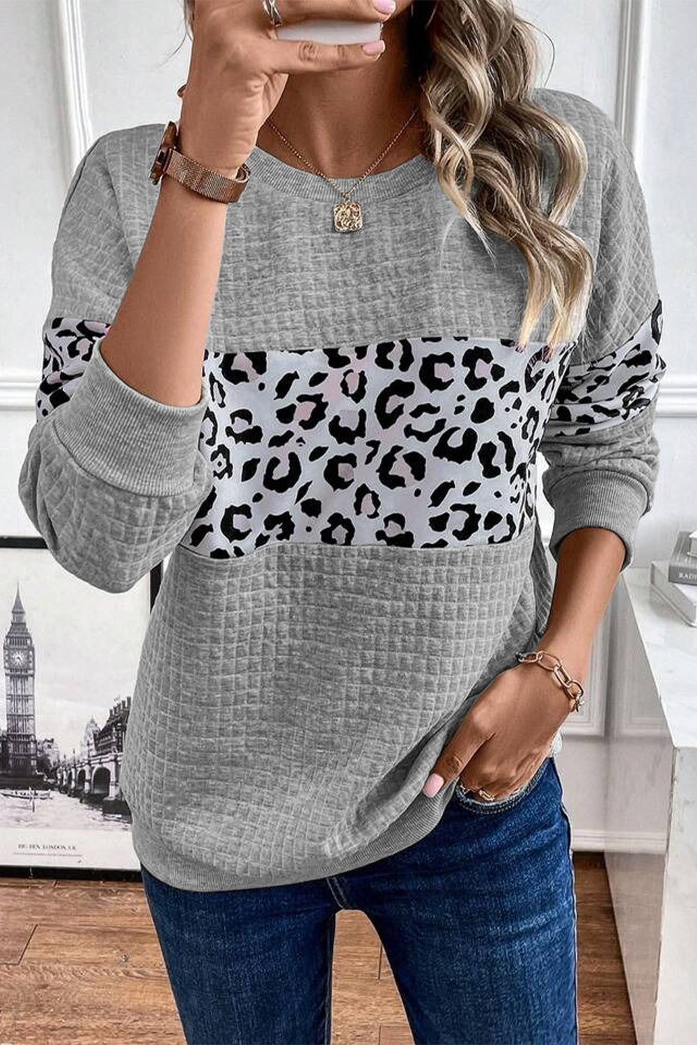 Parchment Leopard Quilted Patchwork Crew Neck Sweatshirt