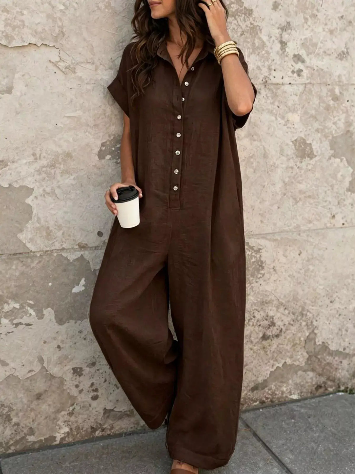 Button Front Short Sleeve Jumpsuit by Trendsi