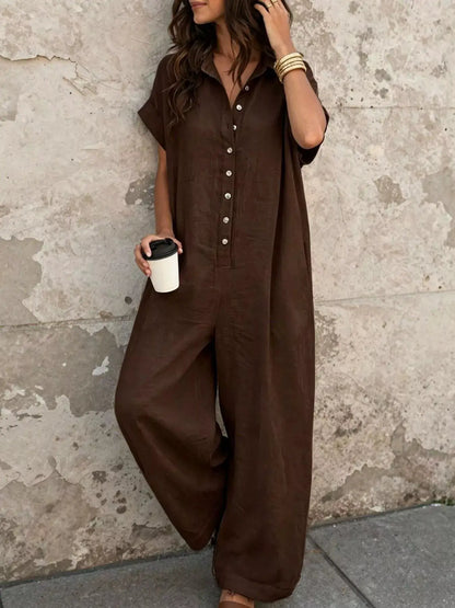 Button Front Short Sleeve Jumpsuit by Trendsi
