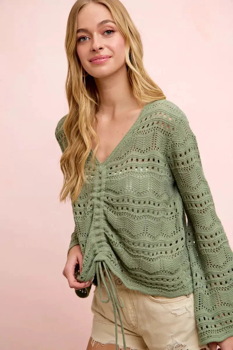BiBi Pointelle Knit V Neck Ruched Front Lightweight Top by Trendsi