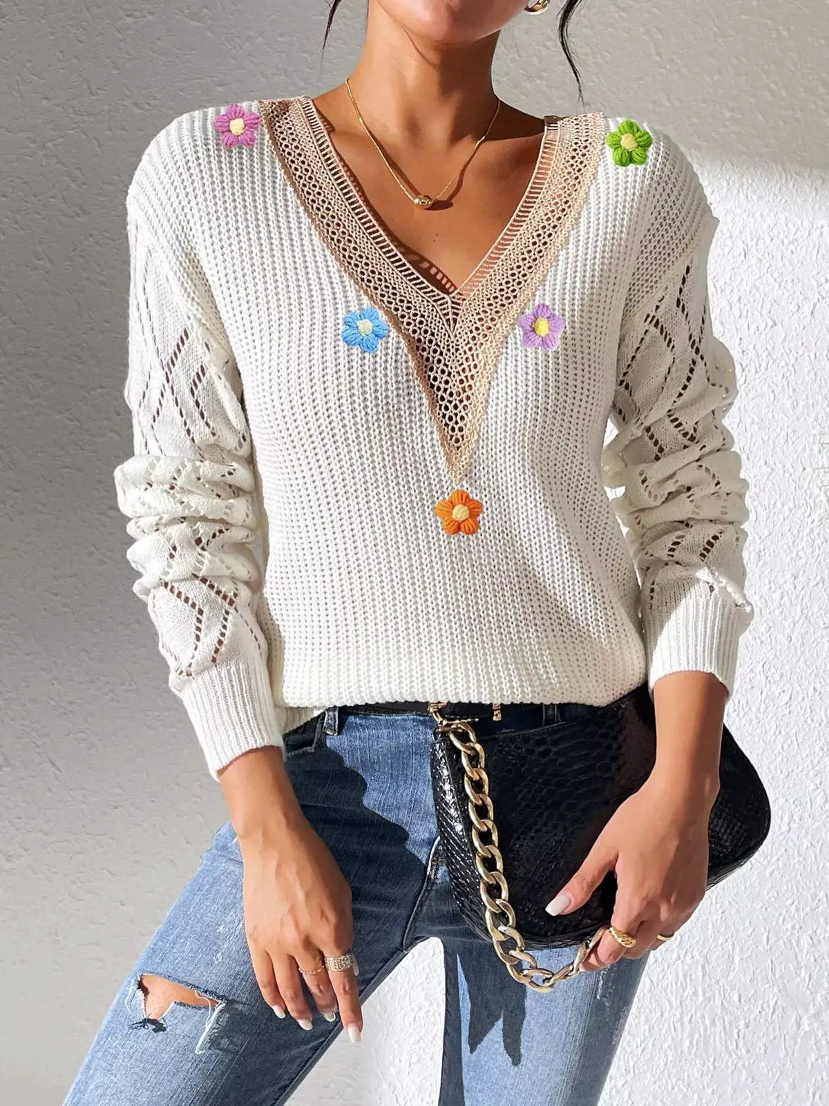Floral Applique V-Neck Openwork Sweater by Trendsi
