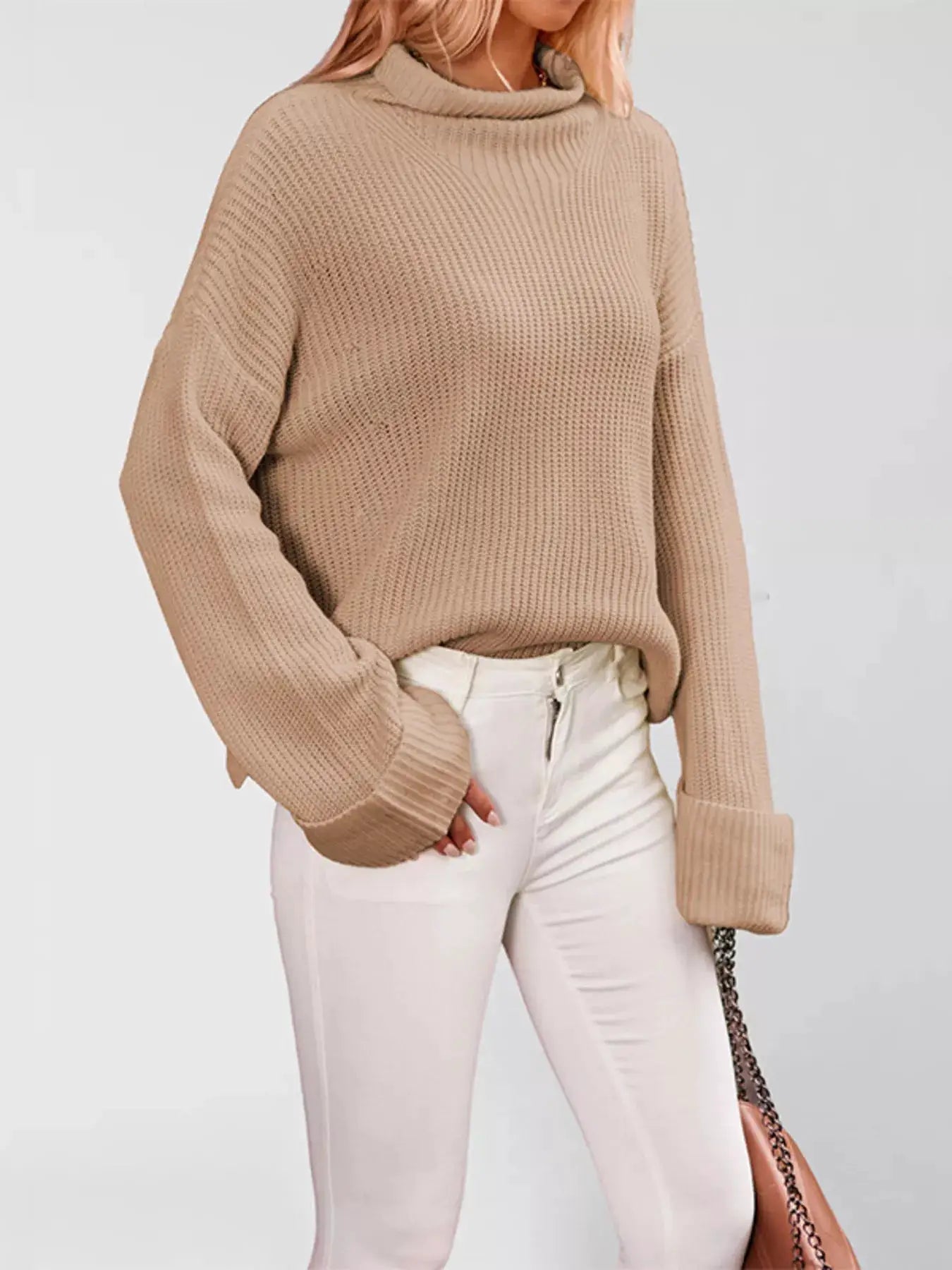 Mock Neck Dropped Shoulder Sweater by Trendsi