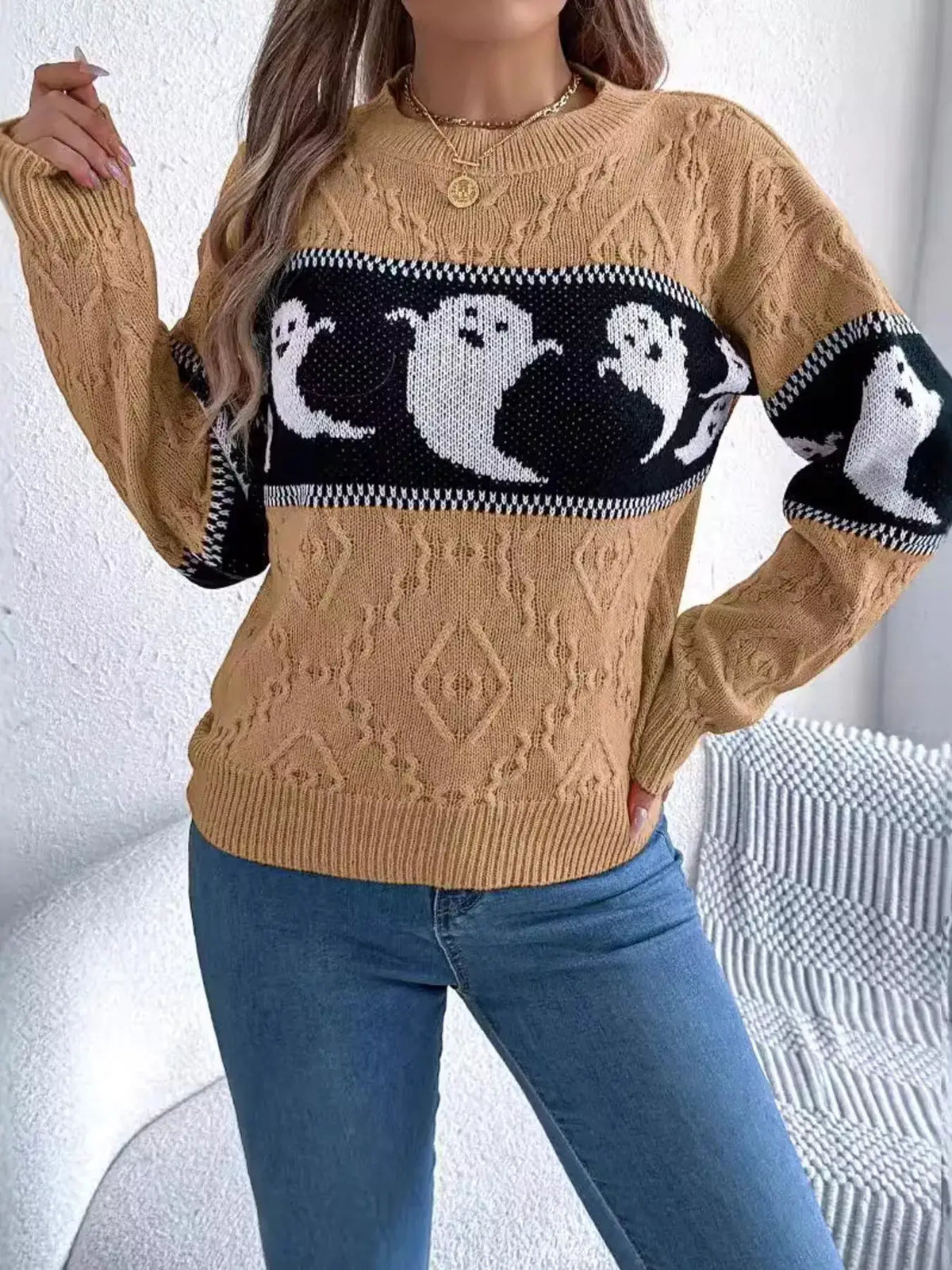 Halloween Ghost Pattern Textured Sweater by Trendsi