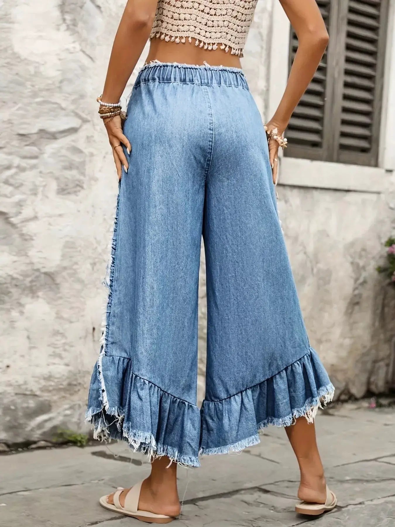 Drawstring Wide-Leg Ruffle Hem Jeans by Trendsi