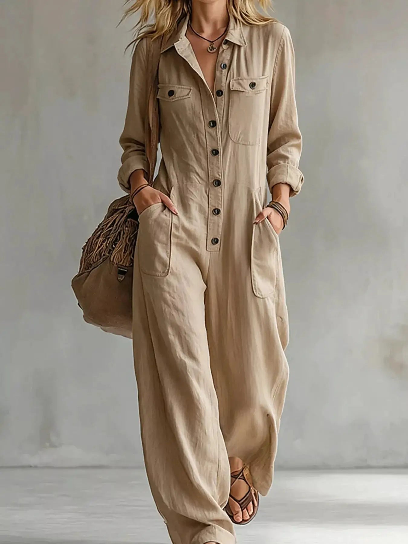 Full Size Long Sleeve Button Front Jumpsuit Plus Size by Trendsi