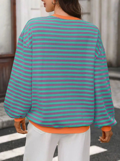 Contrast Trim Striped Crew Neck Sweatshirt by Trendsi