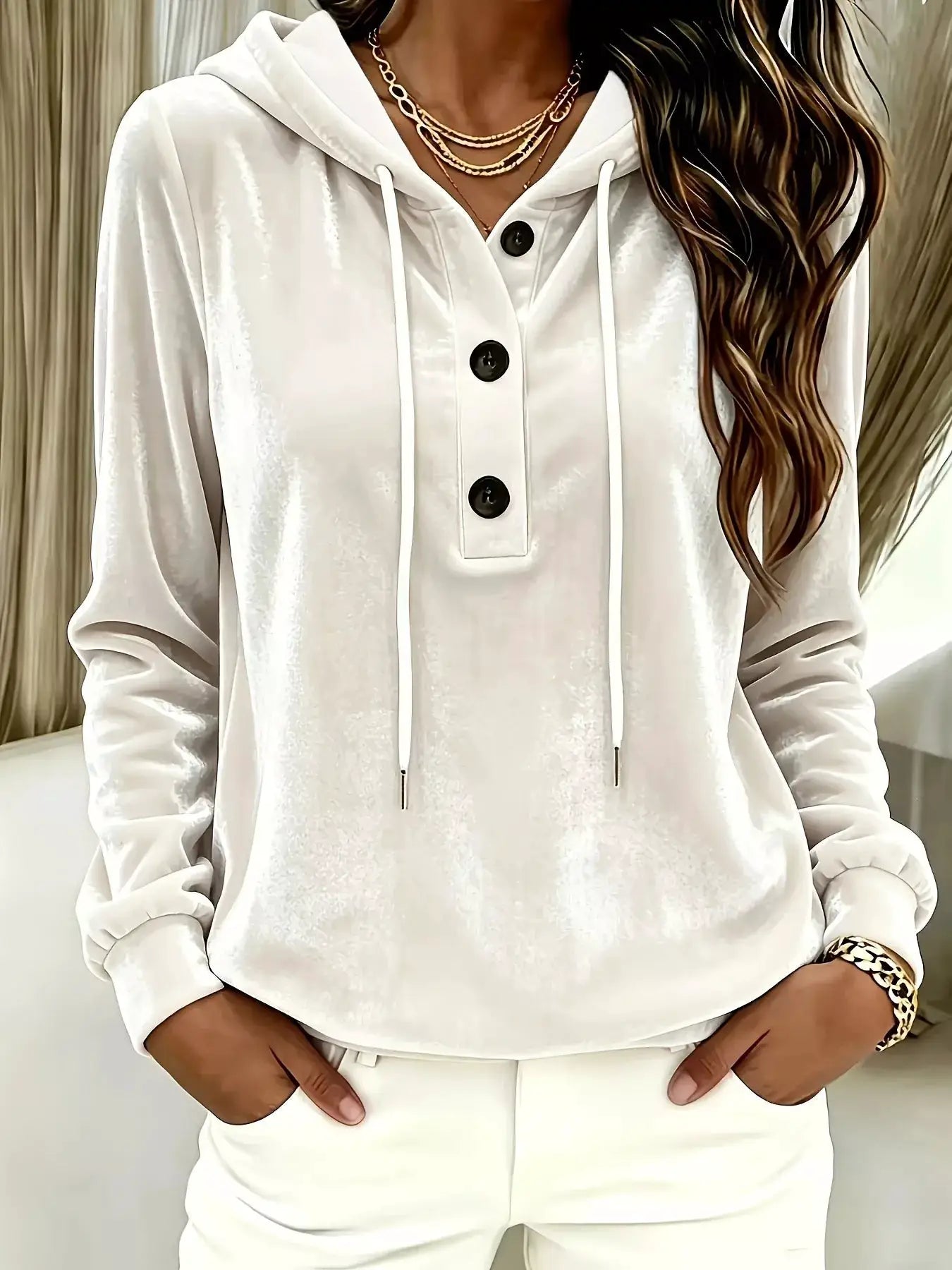Full Size Drawstring Button Detail Hoodie Plus Size by Trendsi