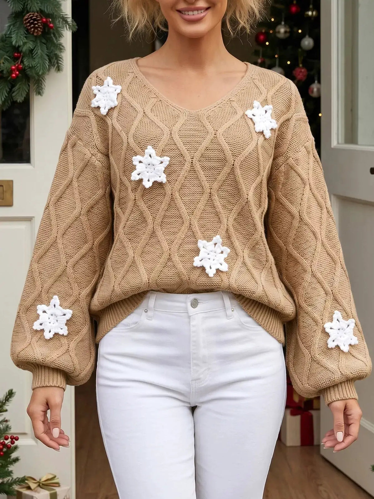 Snowflake Textured V-Neck Sweater by Trendsi