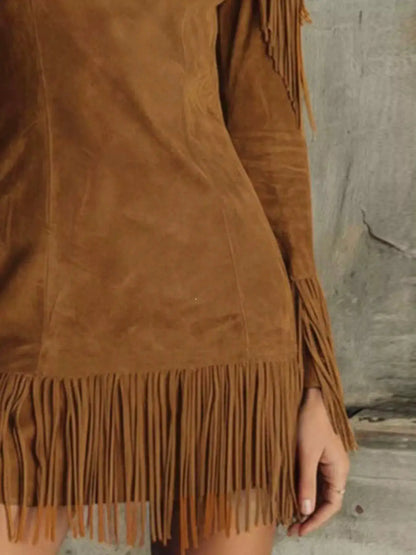 Fringed Cold Shoulder Mini Dress by Trendsi