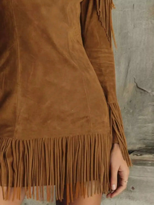 Fringed Cold Shoulder Mini Dress by Trendsi
