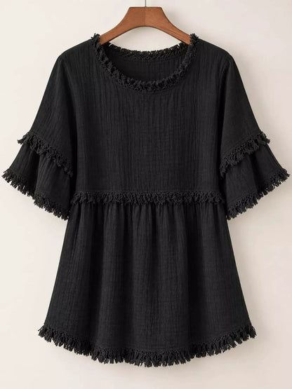 Full Size Frayed Edge Textured Blouse Plus Size by Trendsi