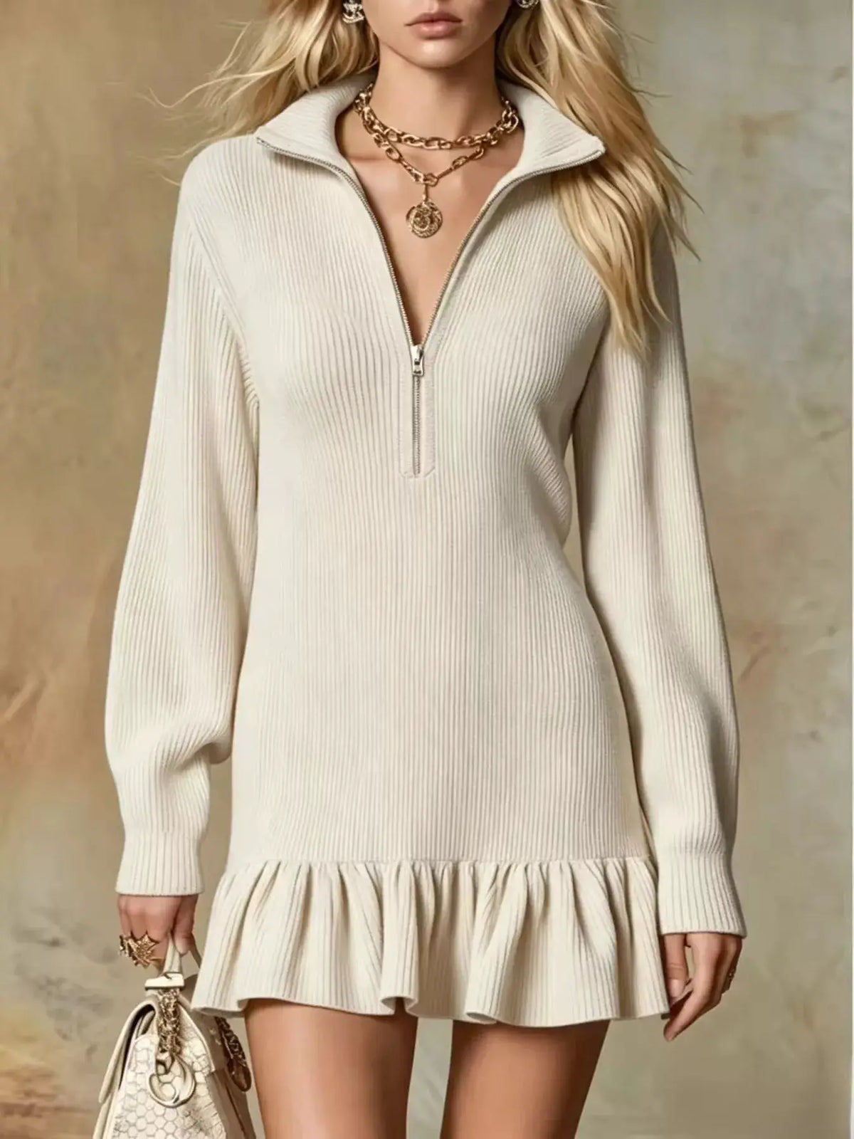 Ruffle Hem Half Zip Dress by Trendsi