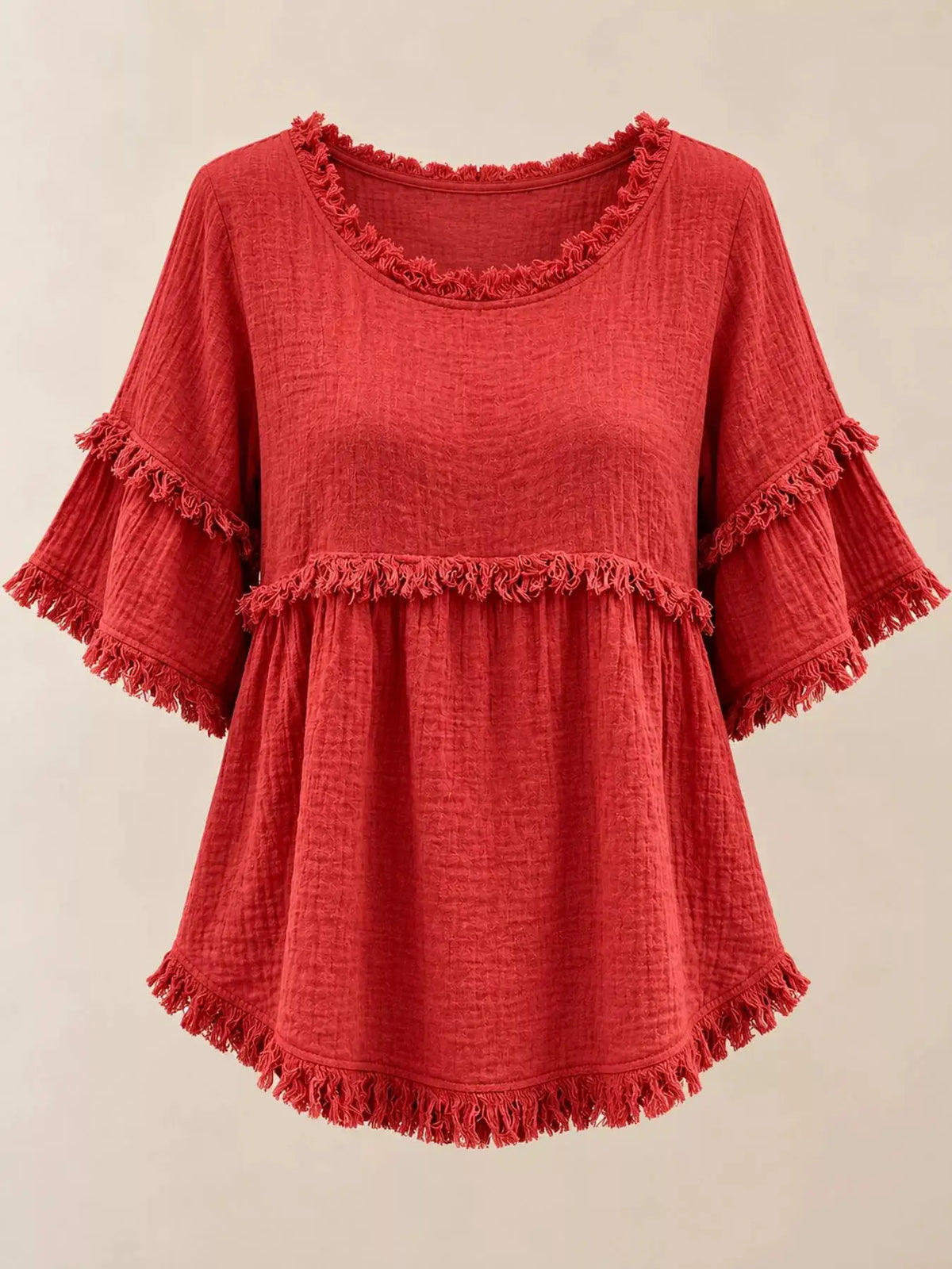 Full Size Frayed Edge Textured Blouse Plus Size by Trendsi