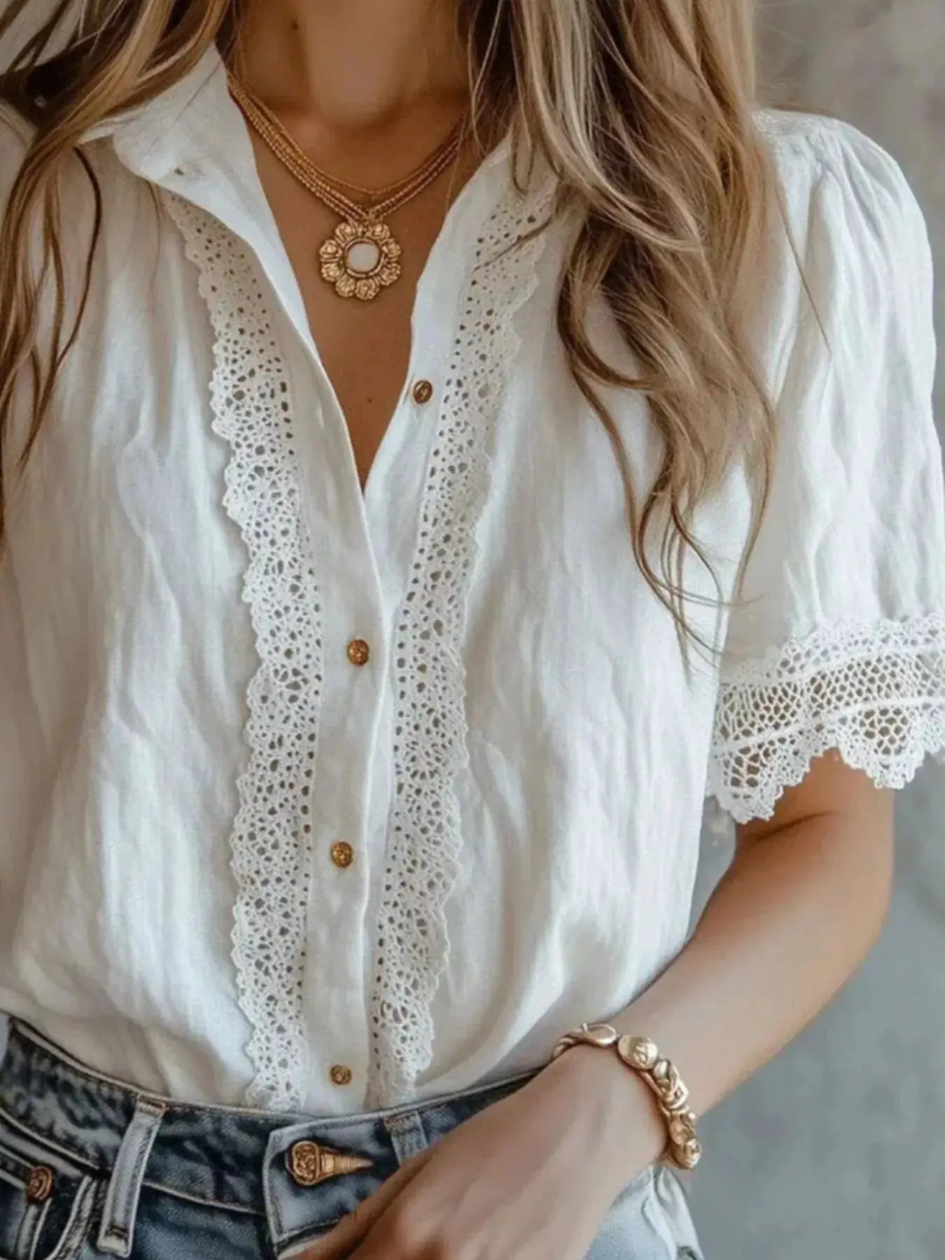 Lace-Trimmed Short Sleeve Button-Down Shirt by Trendsi