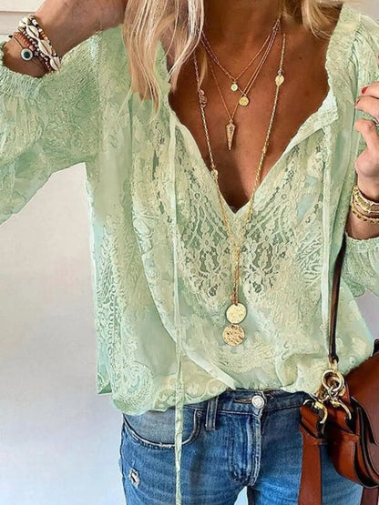 Lace Tie Neck Long Sleeve Blouse by Trendsi
