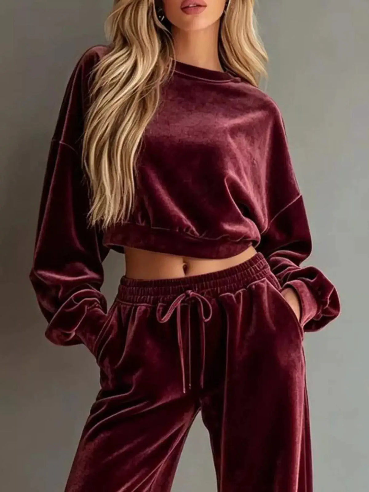 Full Size Cropped Sweatshirt and Wide-Leg Pants Set Plus Size by Trendsi