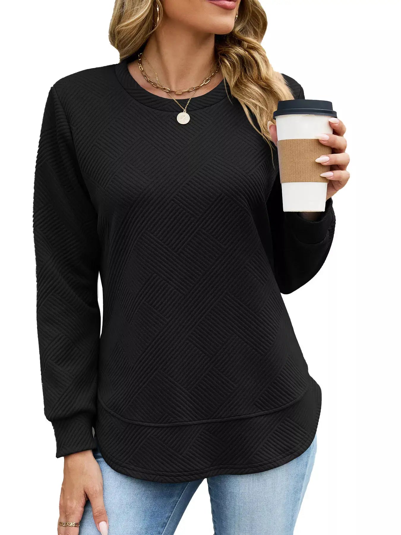 Textured Crew Neck Sweatshirt by Trendsi