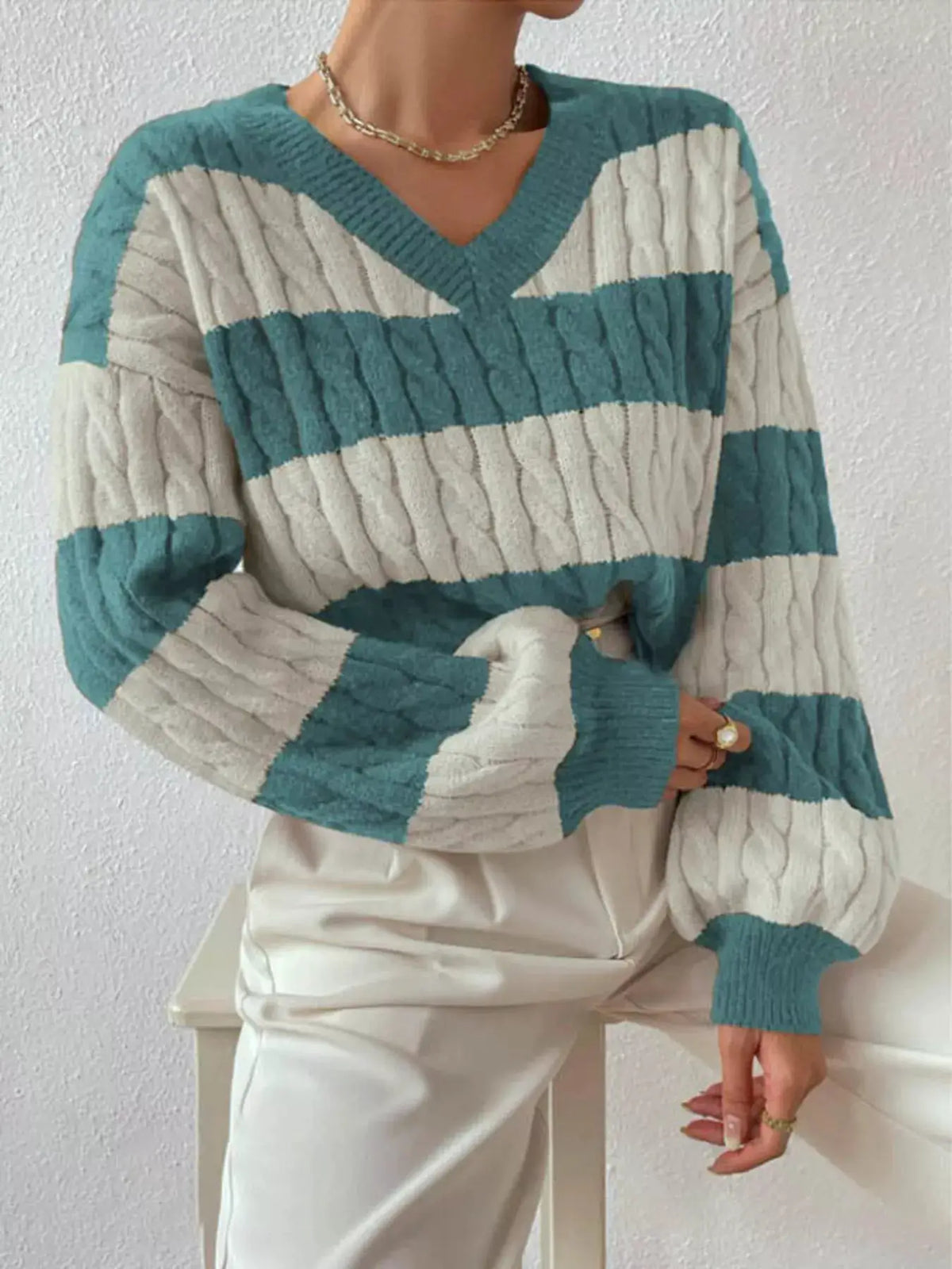 V-Neck Striped Cable Knit Sweater by Trendsi