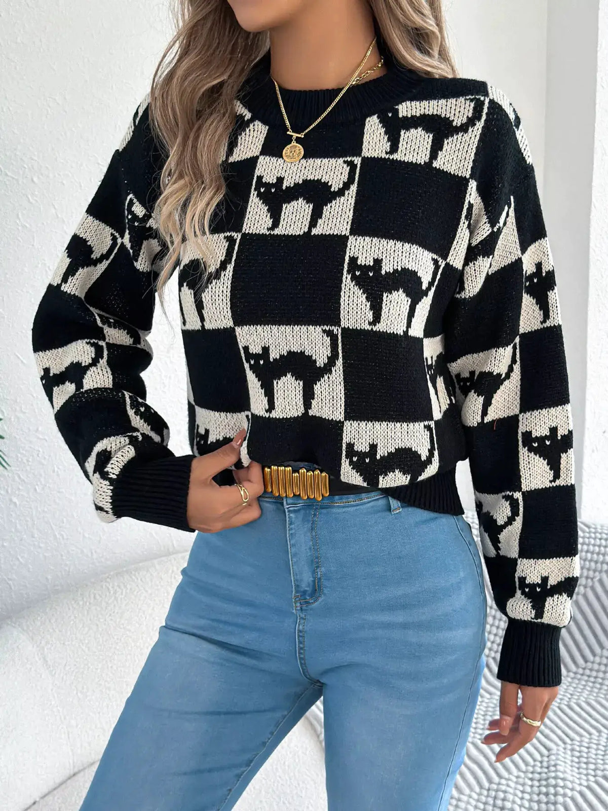 Checkerboard Halloween Graphic Sweater by Trendsi