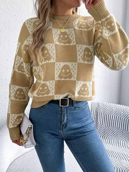 Checkerboard Halloween Graphic Sweater by Trendsi