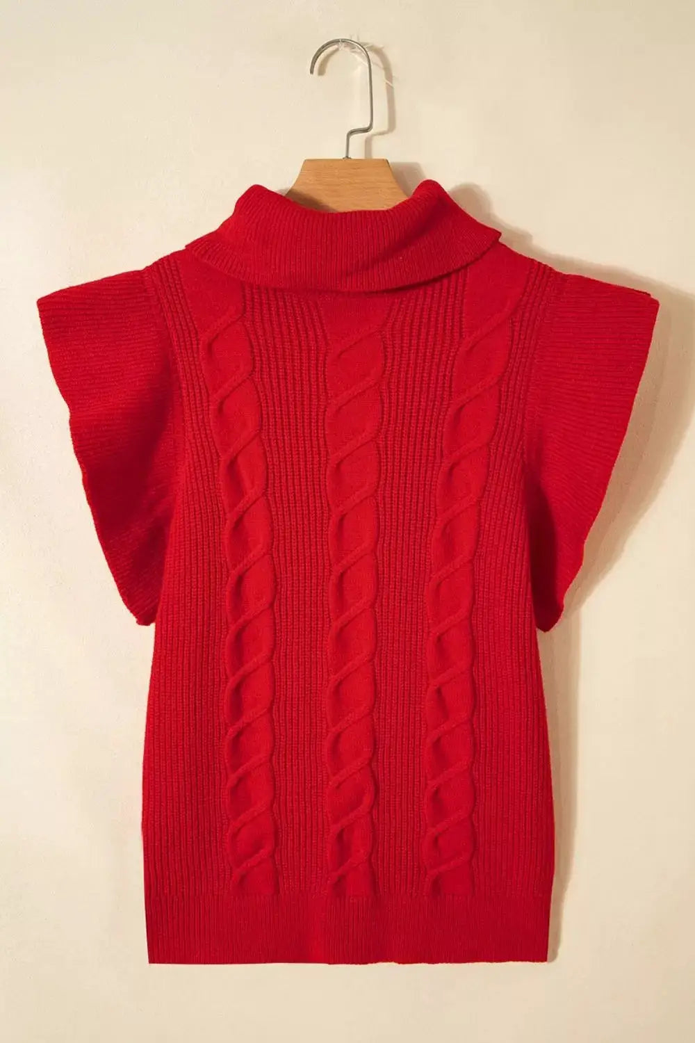 Cable Knit Turtleneck Ruffled Short Sleeve Sweater by Trendsi