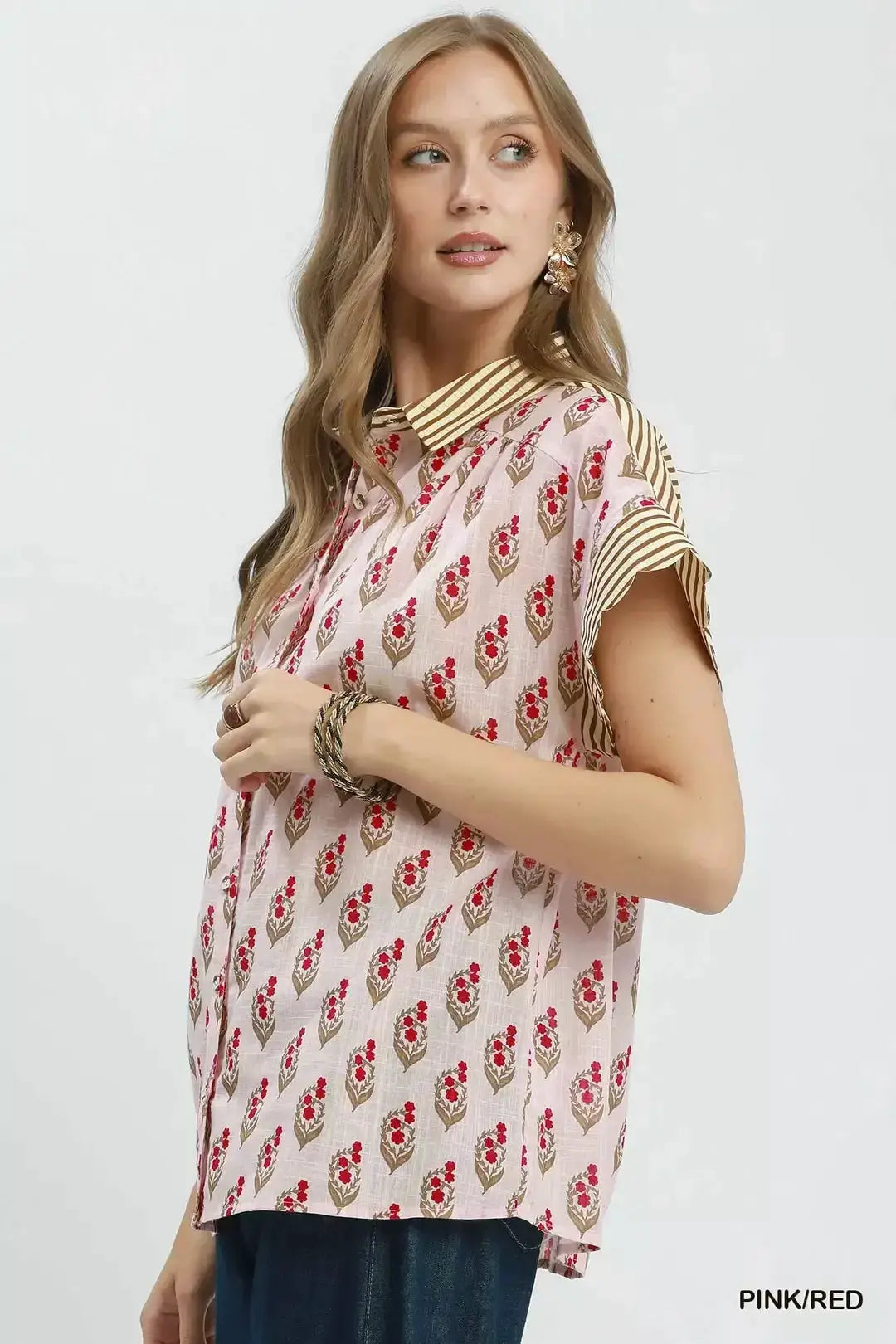 Umgee Block Print Button-Front Shirt with Contrast Stripe Point Collar by Trendsi