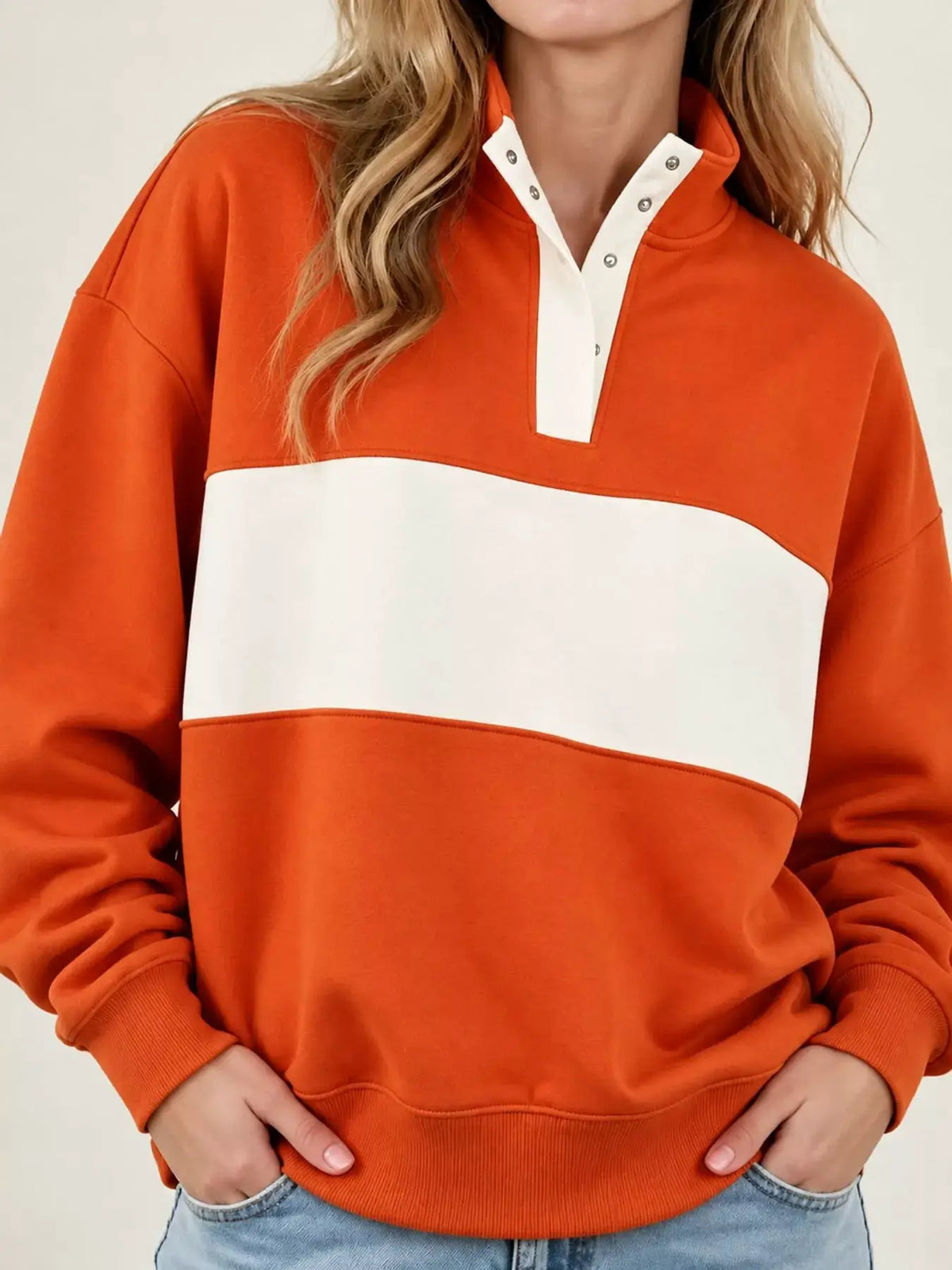 Full Size Color Block Snap-Button Sweatshirt Plus Size by Trendsi