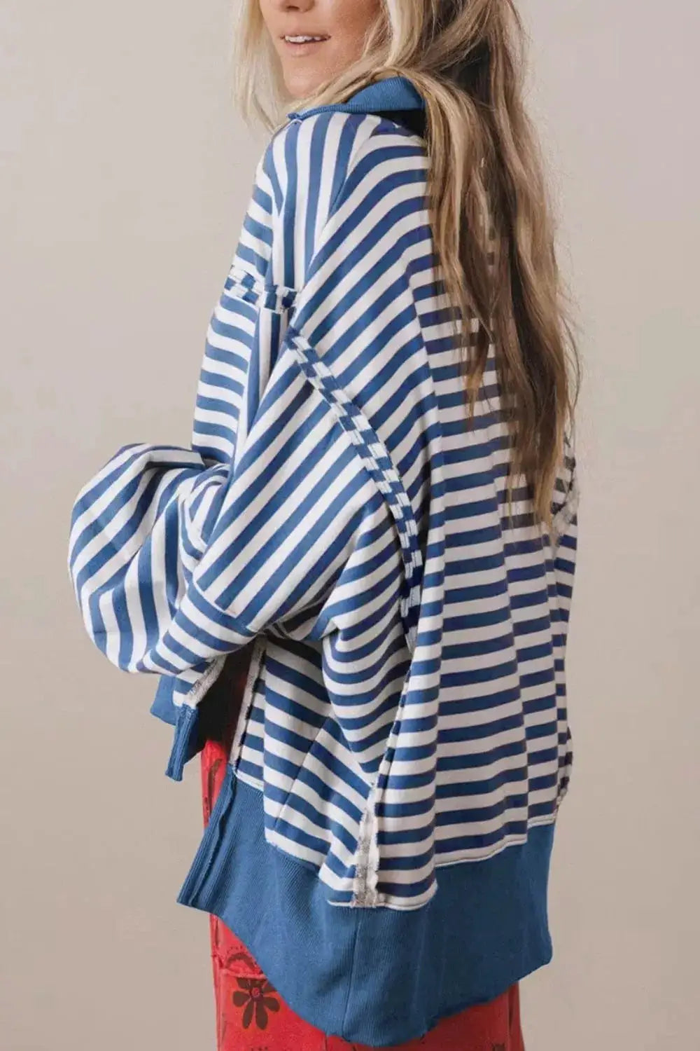Stripe Color Block Trim Raw Seam Split Hem Loose Sweatshirt by Trendsi