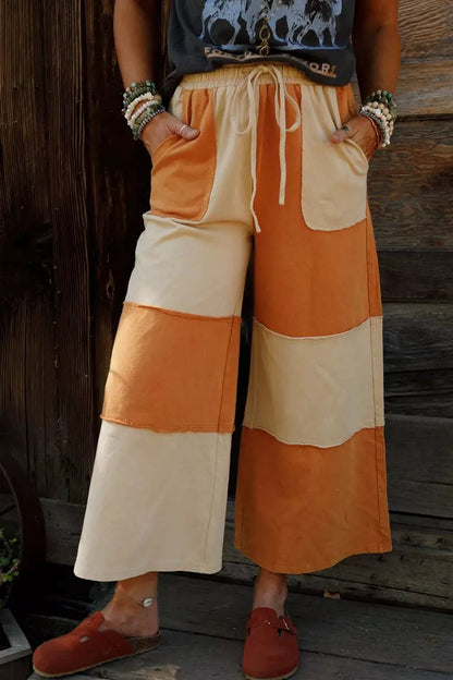 Raw Seam Colorblock Wide Leg Ankle Length Casual Pants by Trendsi