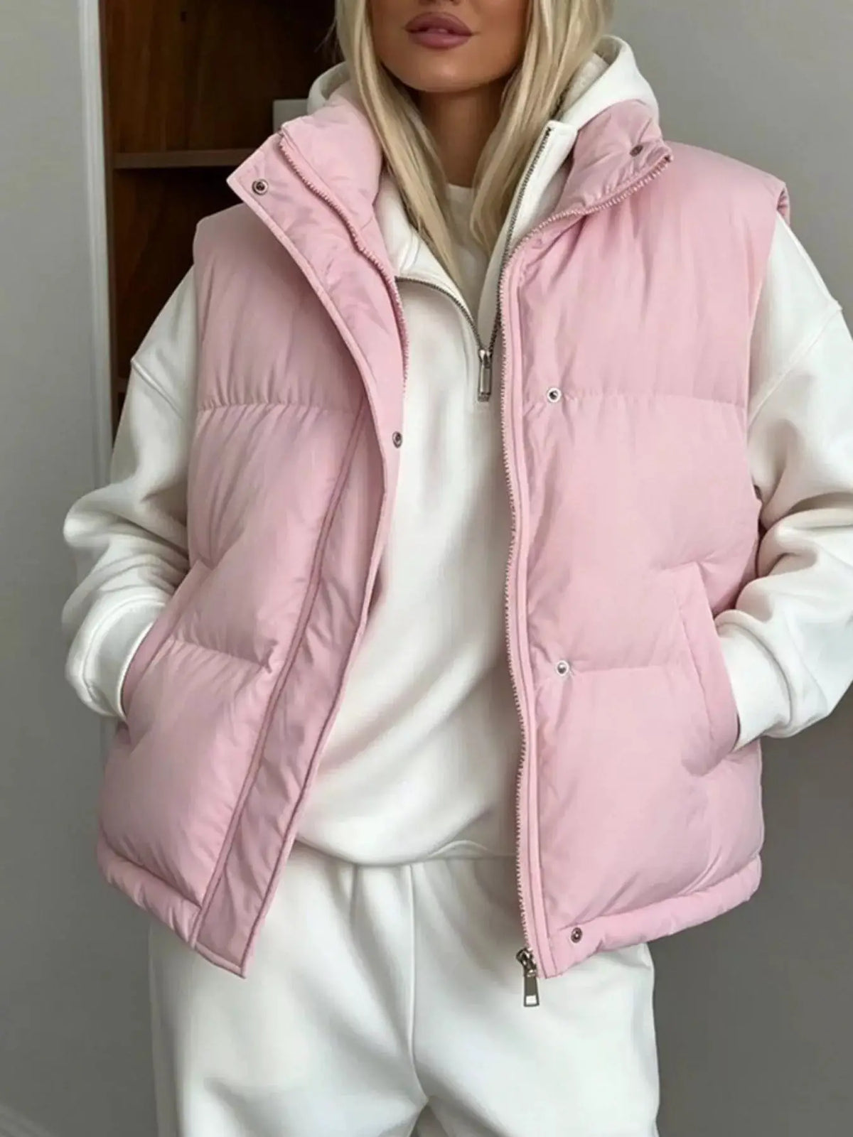 Snap-Button Placket Quilted Puffer Vest Coat by Trendsi