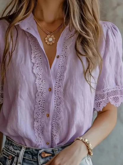 Lace-Trimmed Short Sleeve Button-Down Shirt by Trendsi