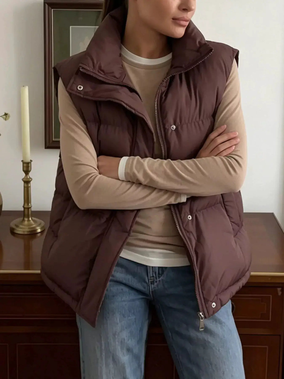 Snap-Button Placket Quilted Puffer Vest Coat by Trendsi