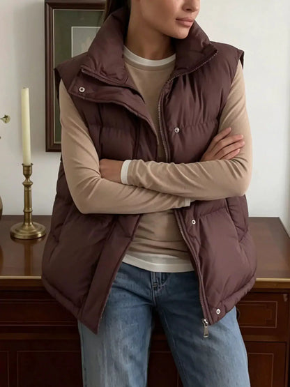 Snap-Button Placket Quilted Puffer Vest Coat by Trendsi