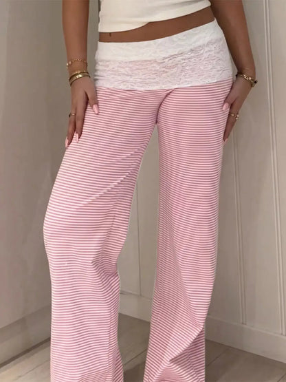 Lace Detail Striped Pants by Trendsi