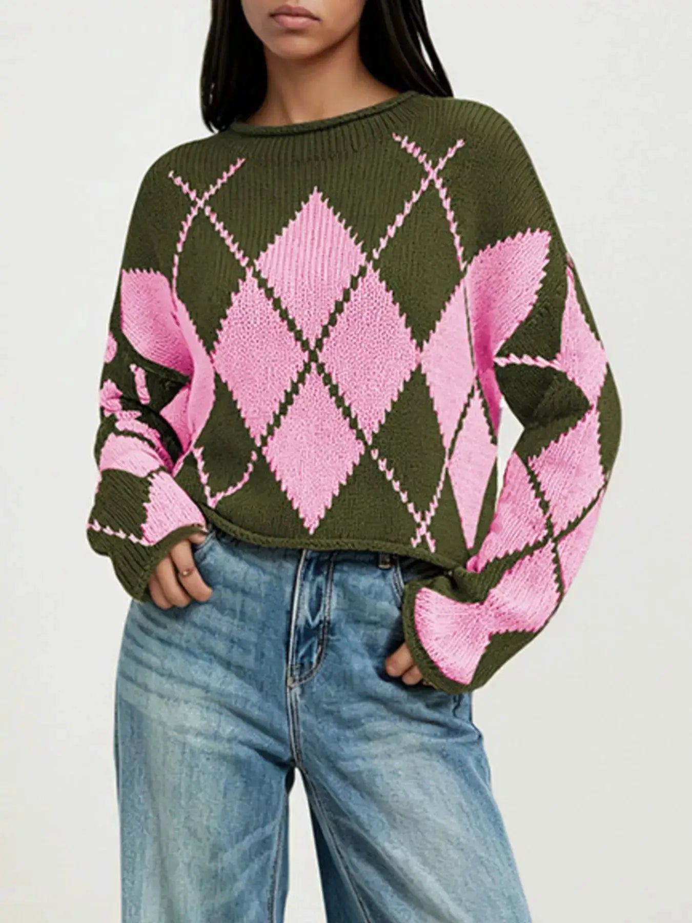 Argyle Pattern Knit Dropped Shoulder Sweater by Trendsi
