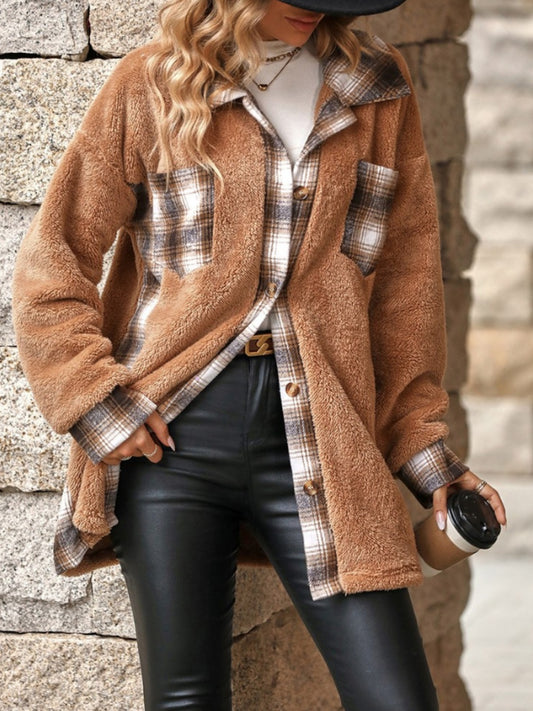 Plaid Button Up Long Sleeve Fuzzy Outerwear