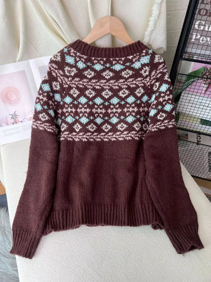 Fair Isle Patterned Round Neck Sweater by Trendsi