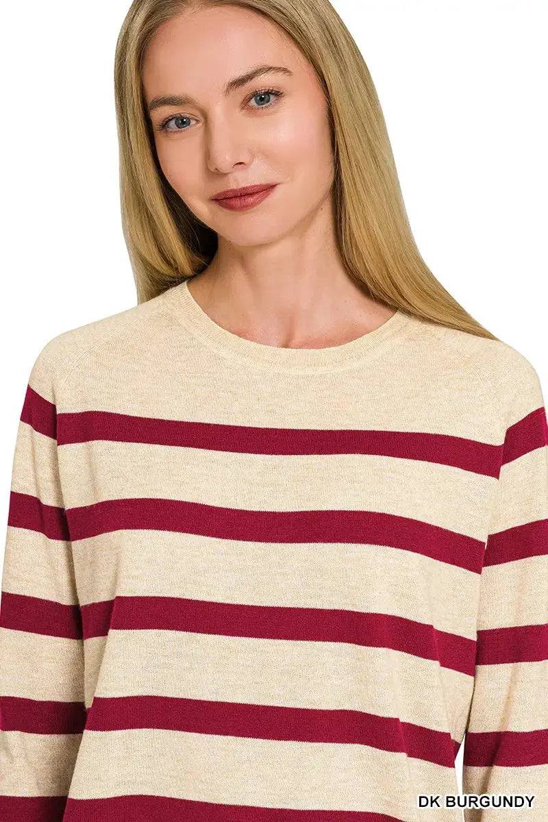 Zenana Lightweight Wool Blend Striped Round Neck Sweater by Trendsi