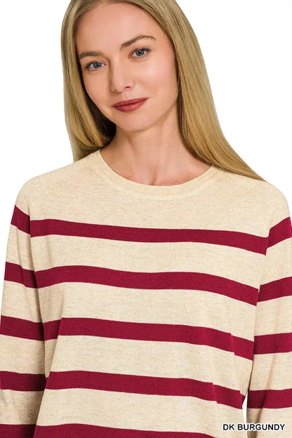 Zenana Lightweight Wool Blend Striped Round Neck Sweater by Trendsi
