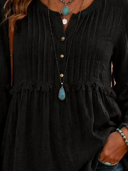 Full Size Frill Notched Long Sleeve Blouse Plus Size by Trendsi