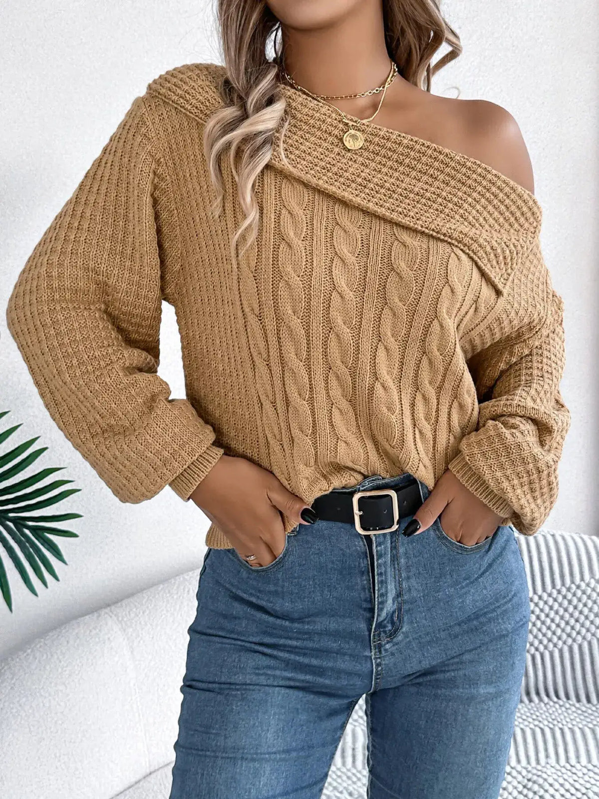 One Shoulder Cable Knit Sweater by Trendsi