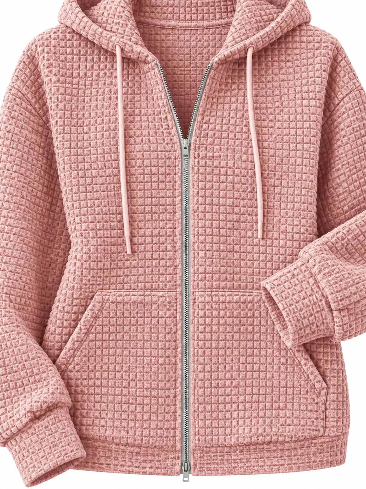 Waffle Knit Zip-Up Hoodie with Drawstring and Pockets by Trendsi