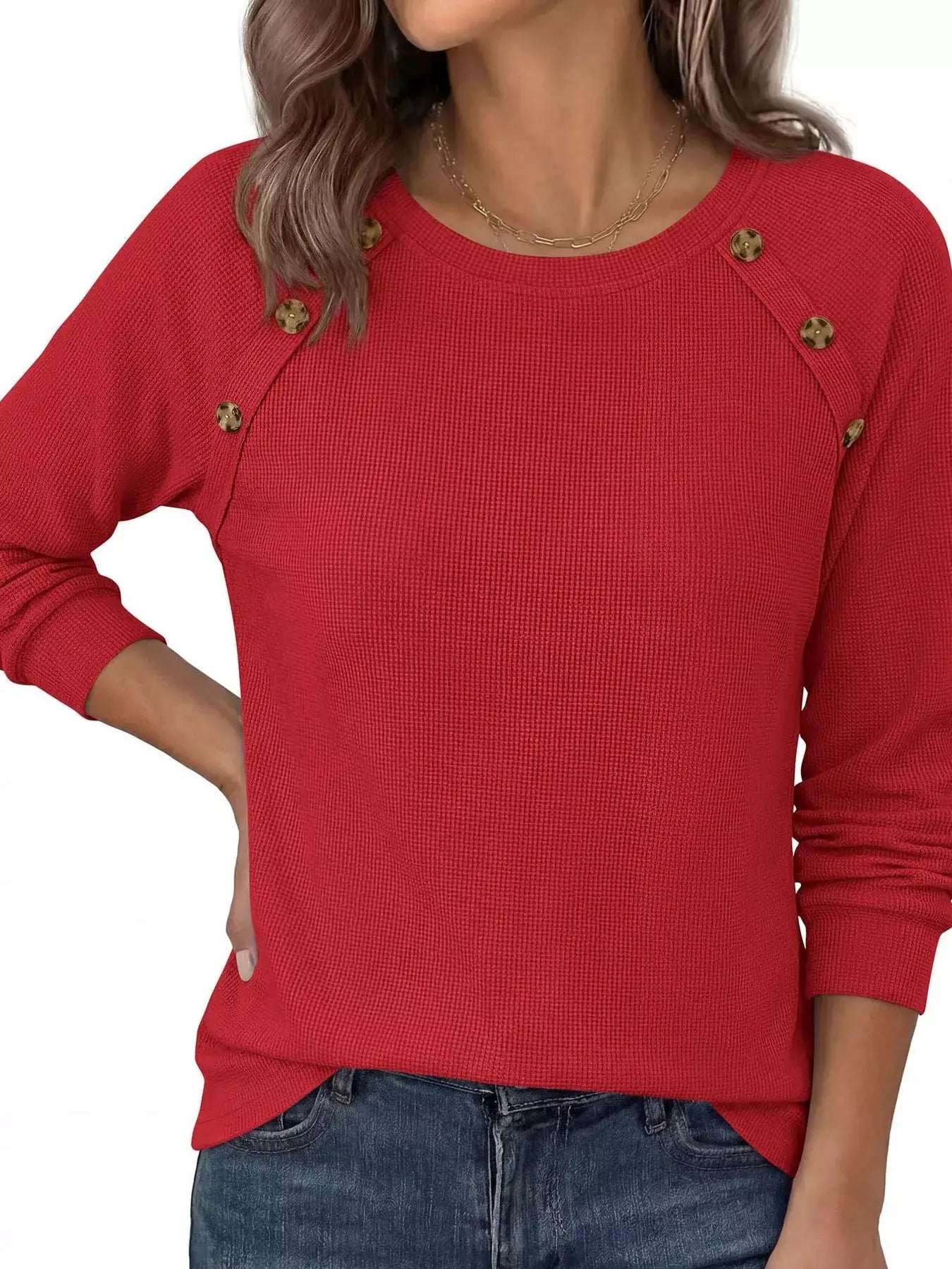 Decorative Button Waffle Knit Long Sleeve T-Shirt by Trendsi