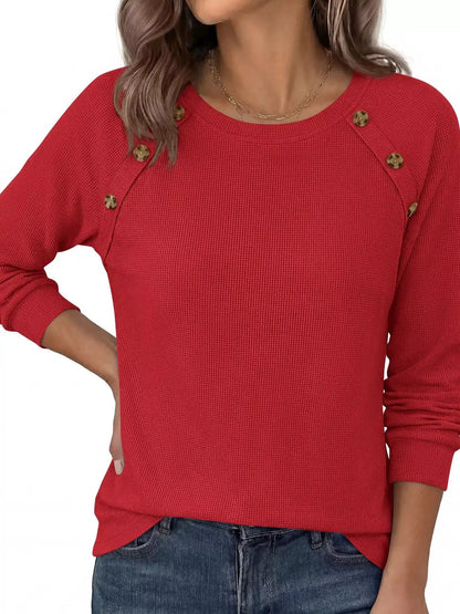Decorative Button Waffle Knit Long Sleeve T-Shirt by Trendsi