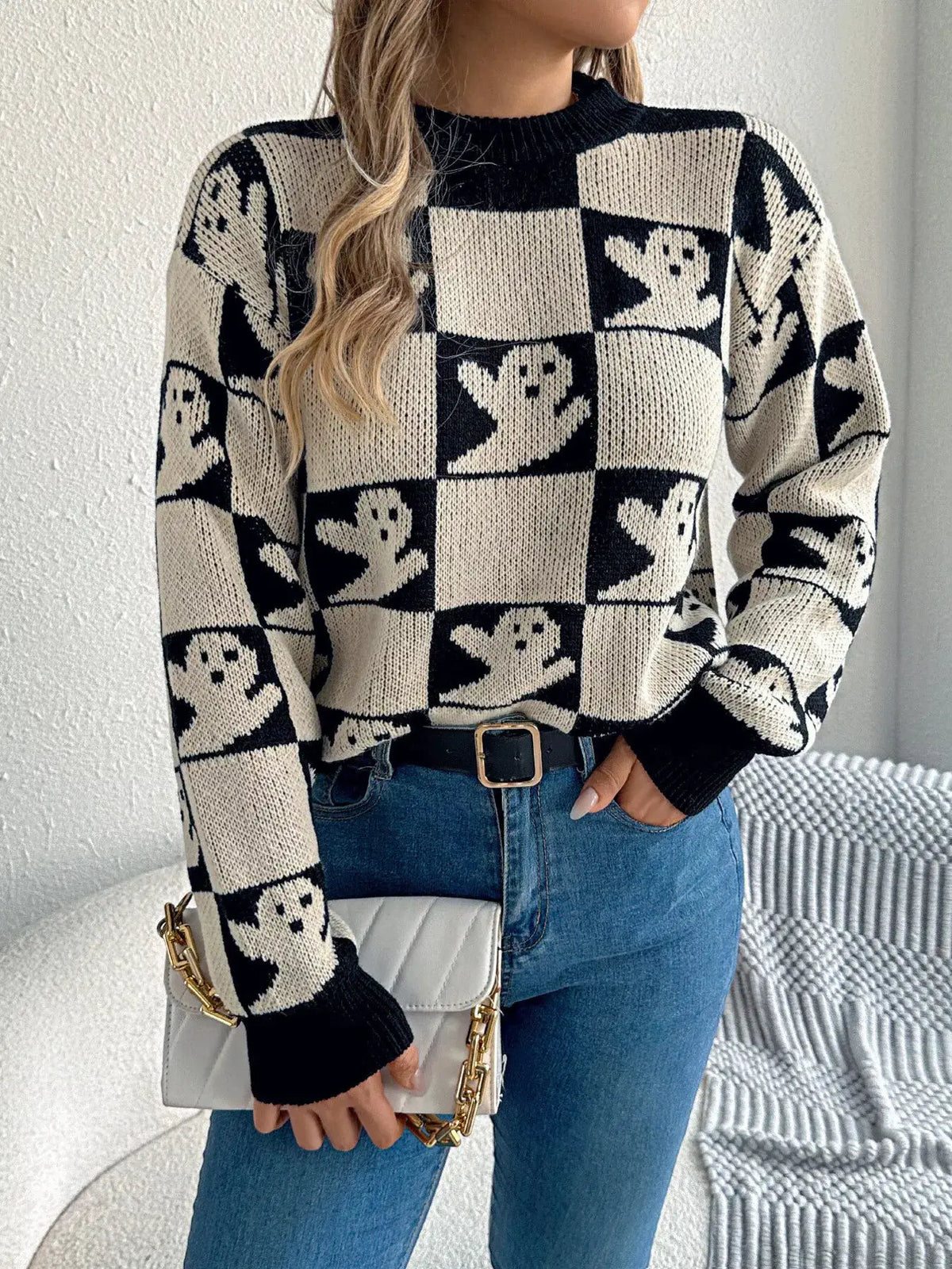Checkerboard Halloween Graphic Sweater by Trendsi