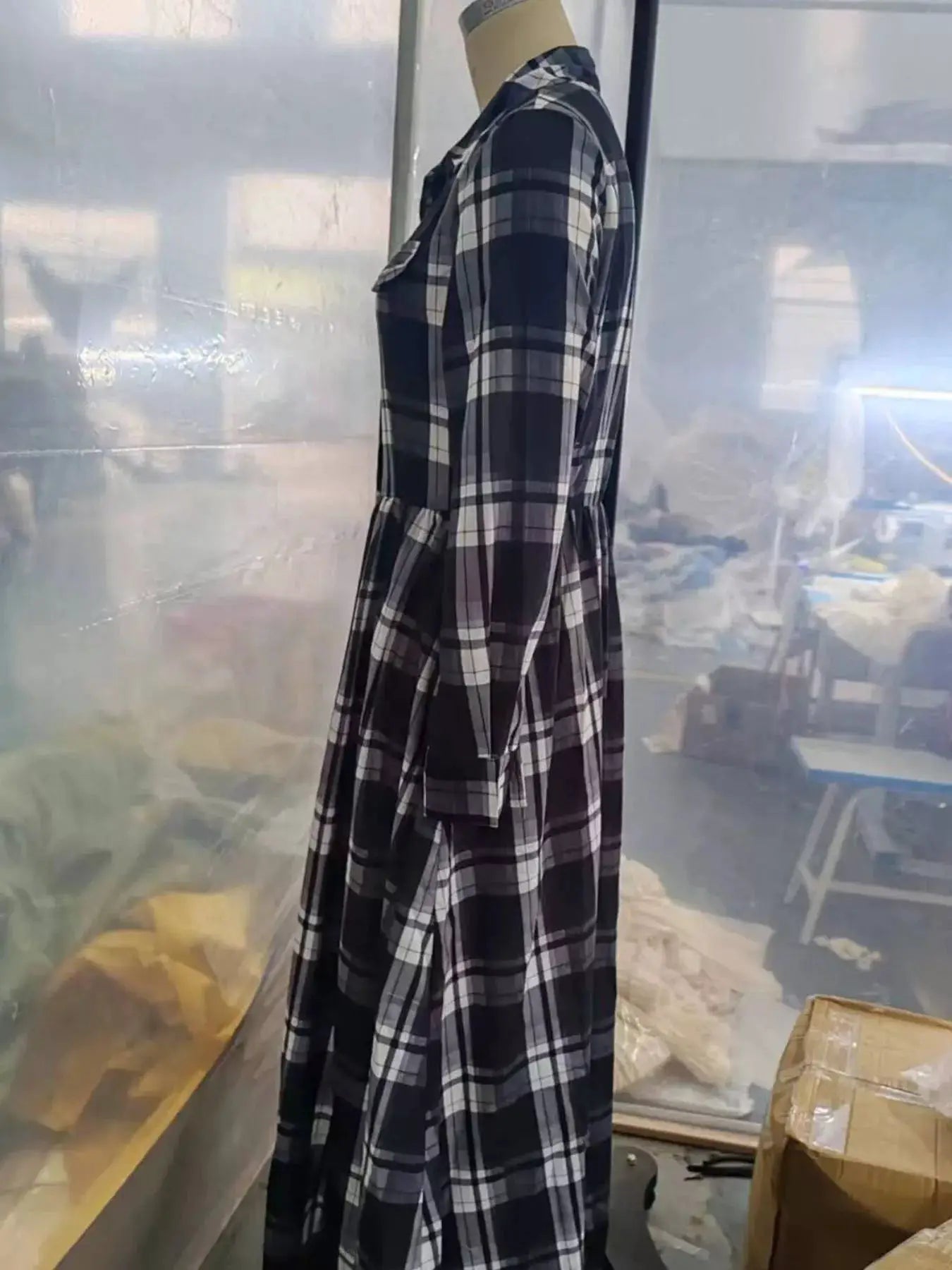 Full Size Plaid Long Sleeve Shirt Maxi Dress Plus Size by Trendsi