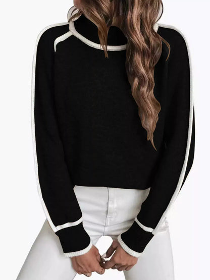 Full Size Contrast Trim Ribbed Hem Turtleneck Sweater Plus Size by Trendsi